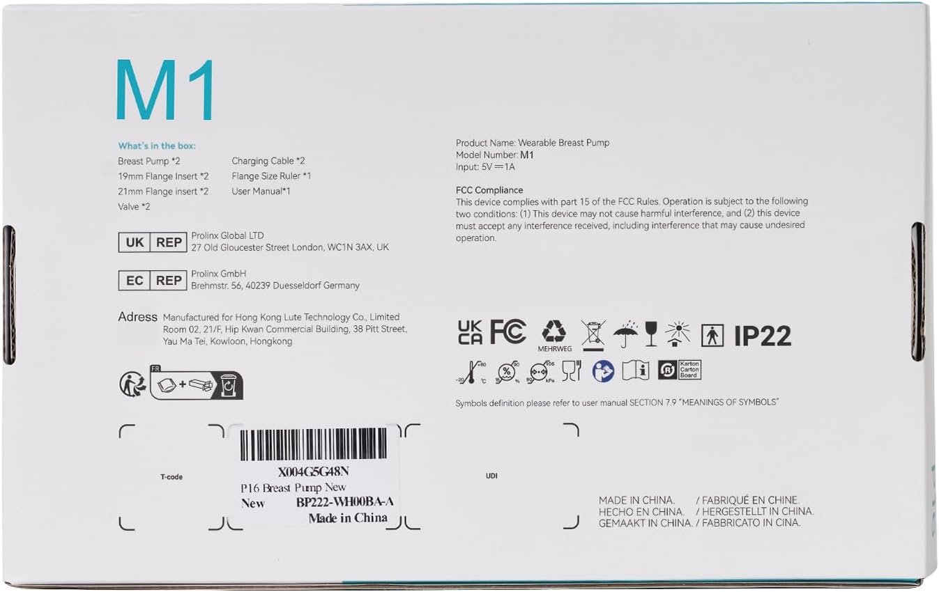 Back of the Paruu P16 Wearable Breast Pump box showing model number M1, FCC compliance, and various symbols.