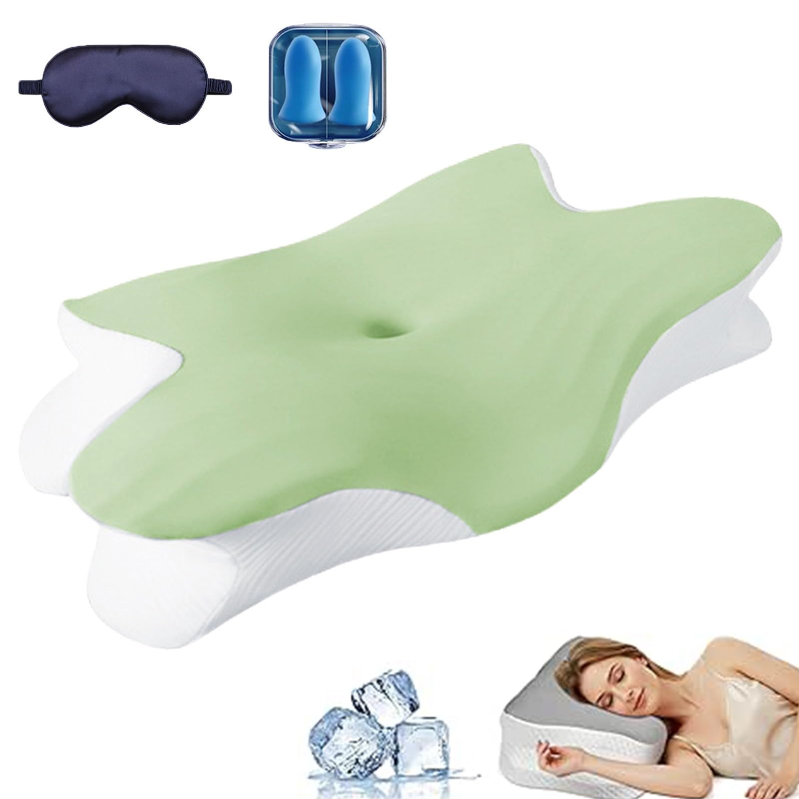 Ergo Pillow Sleep Apnea, Anti Snoring Ergo Pillow with Cooling Pillowcase, Ergonomic Cervical Orthopedic Pillows for Side, Back & Stomach Sleepers, Relieve Neck and Shoulder Pain(Green,1Pcs)