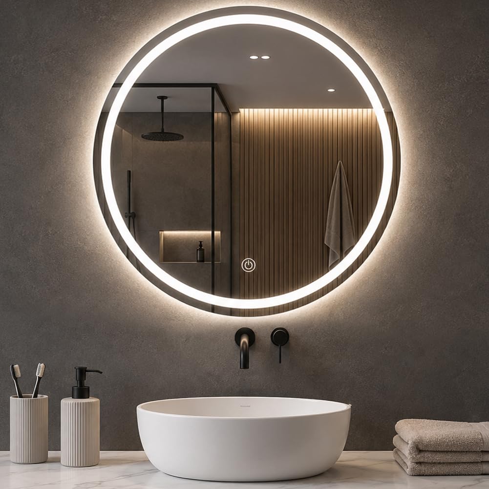 Shally Dogan Specchio Tondo da Parete con Led Dimmerabile a 3 Colori, Bianco Freddo, Caldo e Naturale, Accensione con Touch, Decorazione da Muro Design Moderno e Salvaspazio