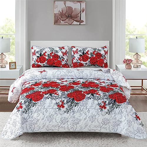 Yiran Red Flower Quilt Set With 2 Pillowcases Rose Floral Butterfly Bedspread For All Season Lightweight Soft Microfiber Coverlet Queen 90"X96" #TOP2