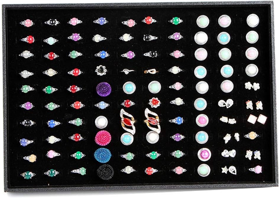 Glitterymall Black Velvet Jewelry Rings Organizer Stud Earrings Display Trays Storage Box Holder with 100 Slots for Woman Girls
