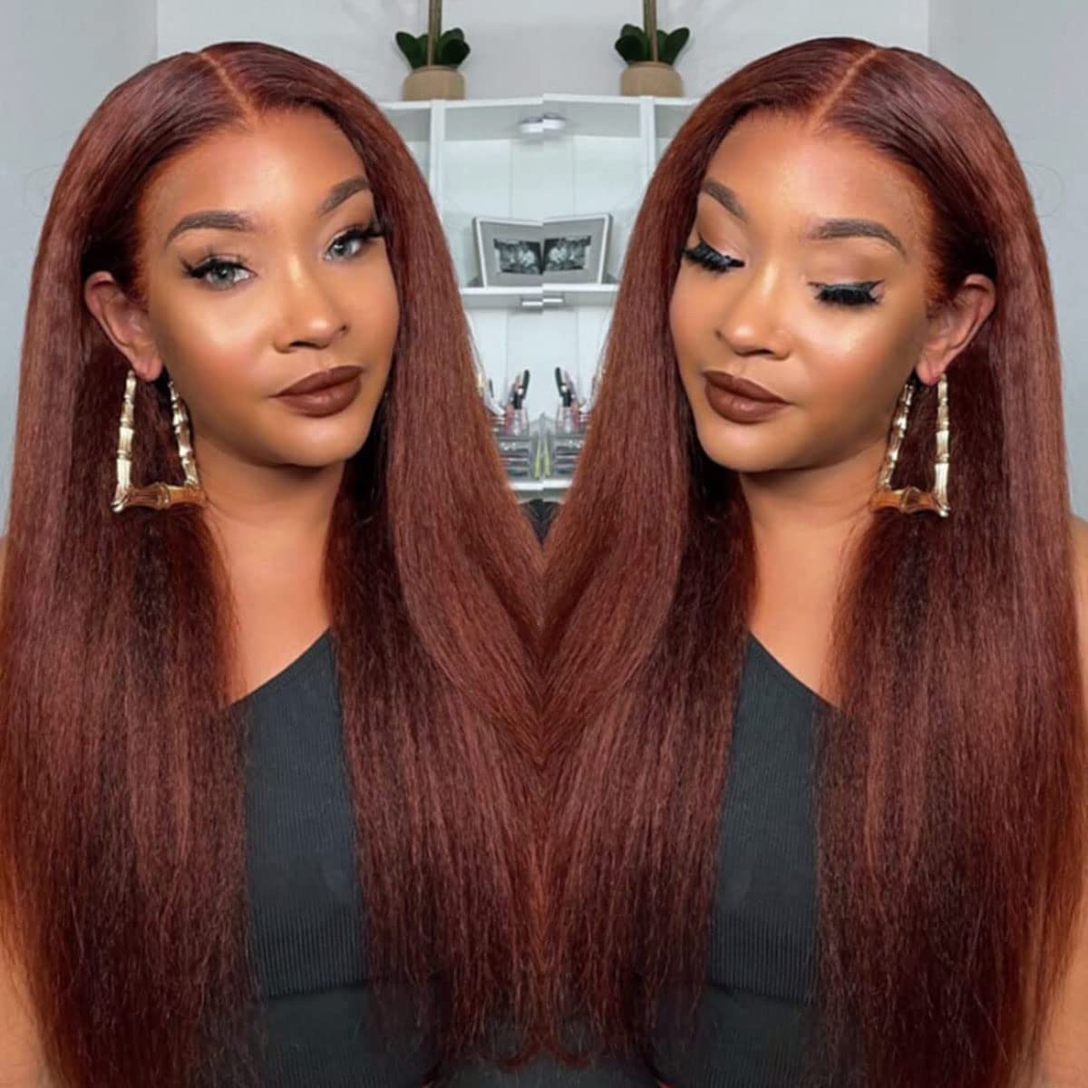 Red Brown Yaki Lace Front Wig Lace Front Yaki Straight 32 main image 3