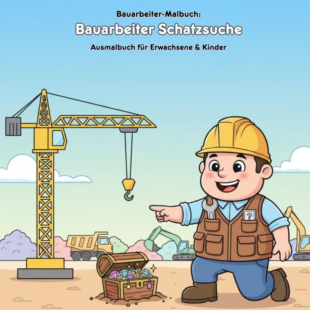 Bauarbeiter Schatzsuche: Geschichte & Malbuch: Für Erwachsene & Kinder: 36 Ausmalbilder im Großformat (21.59 x 21.59 cm) – Eine Bauarbeiter-Geschichte zum Entdecken