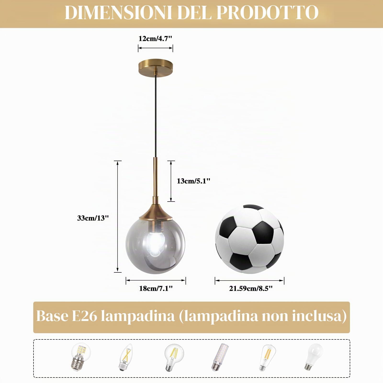 KCO Lampada a Sospensione Globo di Vetro Moderno Lampada a 1 Luce Grigio Fumo Luce a Sospensione Oro Regolabile Metà Secolo Apparecchio di Illuminazione per Interni Camera da Letto Bar sala da Pranzo