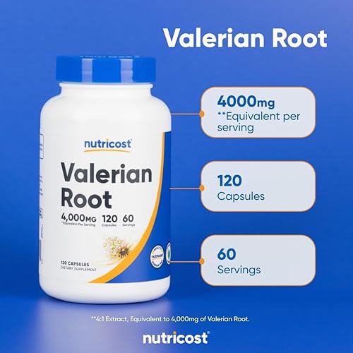 Miniatura 6 de Nutricost Cápsulas de raíz de valeriana (1000 mg por porción), 120 cápsulas, equivalente a 4,000 mg por porción (extracto 4:1), tapas vegetarianas