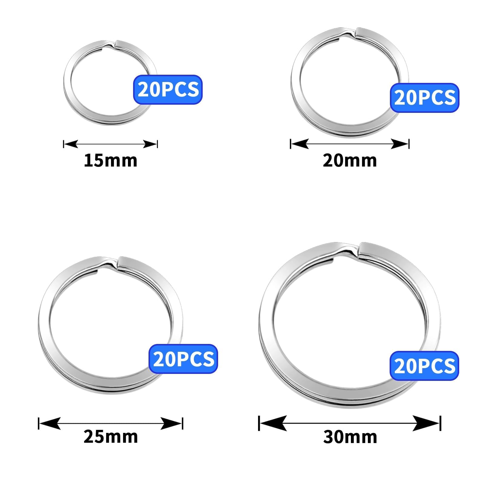 80 kółek do kluczy w 4 rozmiarach – 15 mm, 20 mm, 25 mm, 30 mm, do breloczków do kluczy, majsterkowania, rzemiosła artystycznego