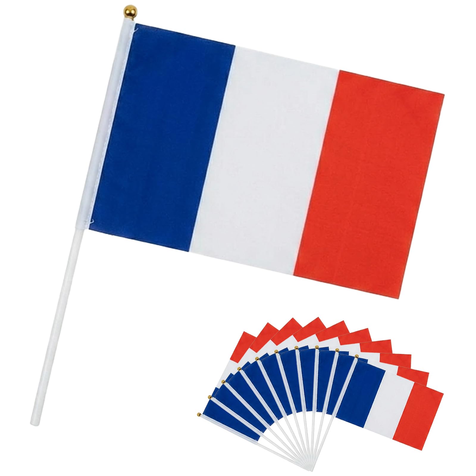 Petits Drapeaux à Main France Lot de 10, 14 x 21 cm, Drapeaux en Polyester avec Bâton pour Football Fan Zone