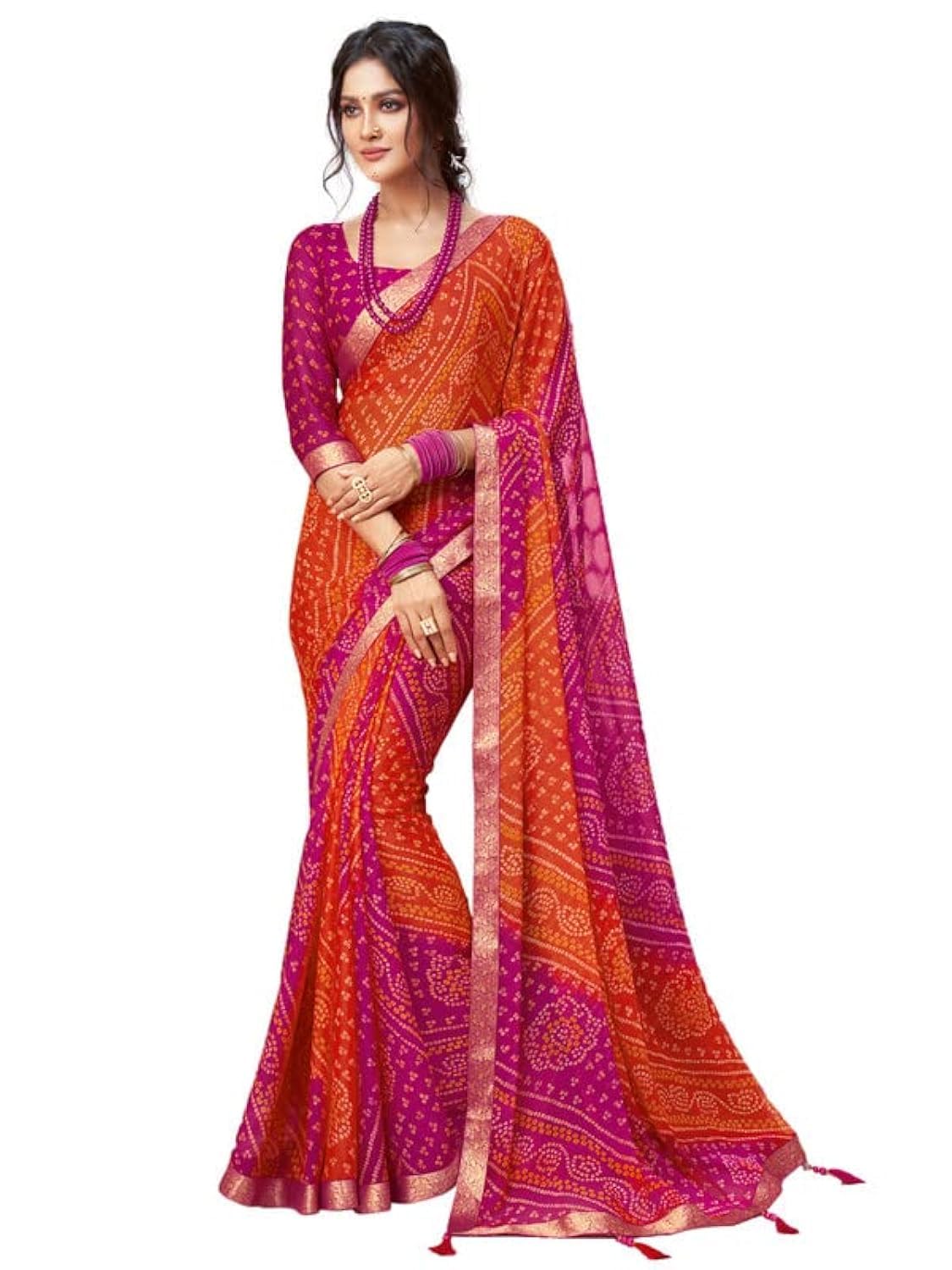 Women's Bandhani Printed Chiffon Saree with Blouse