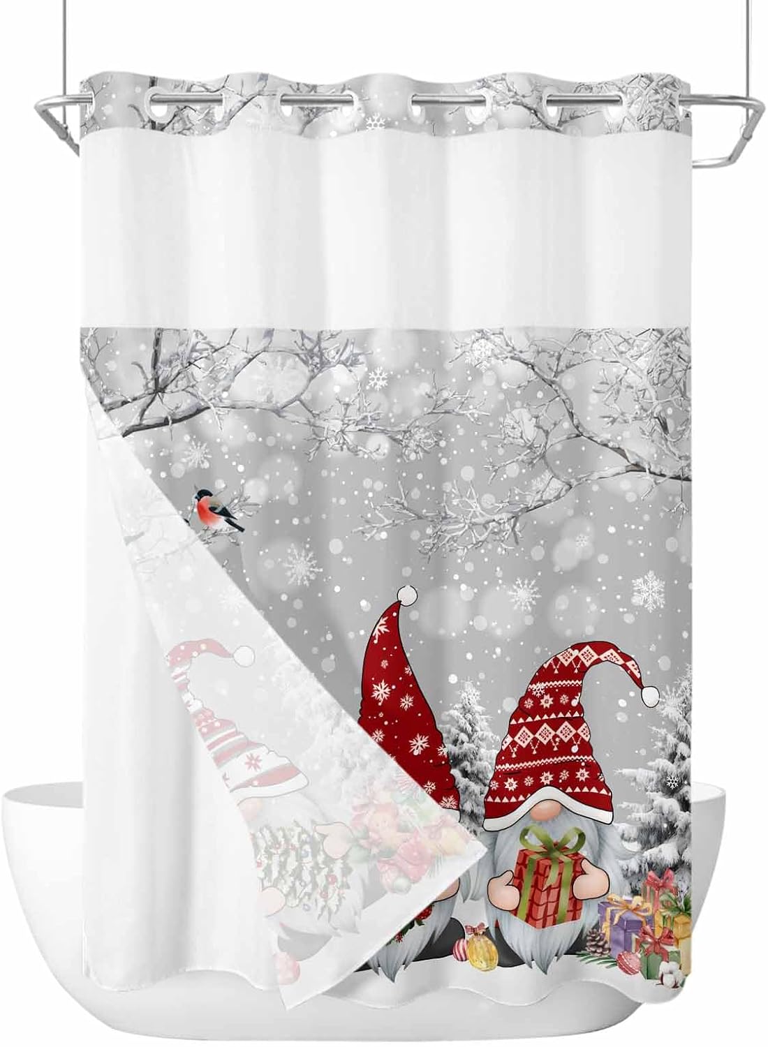 No Hook Shower Curtain with Snap in Liner Christmas Gnome Winter Xmas Tree Snowflake Grey Shower Curtain for Bathroom, Fabric Waterproof Inner Liner, Hotel Style with Mesh Top Window, 48x72
