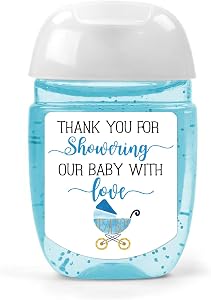 Hand Sanitizer Labels Thank You for Showering Our Little One with Love Stickers, Baby Shower Favor Party Favors Boy., Blue,1.26inches x 1.39inches