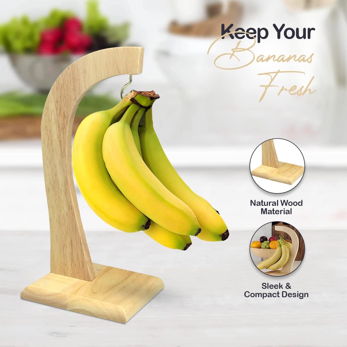 Flatro Support Banane Crochet Durable: Bois d'hévéa, Garde les Bananes Fraîches - Description