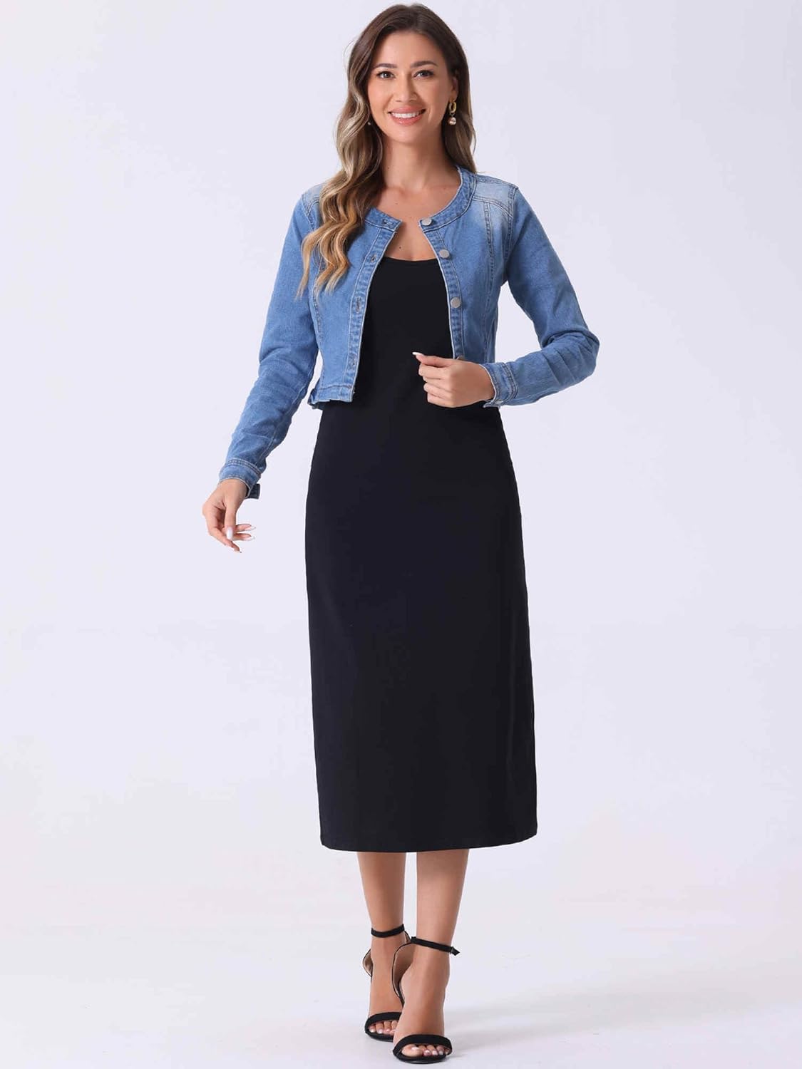 Allegra K Denim Jacket for Women's Collarless Button Down Crop Jean Jackets - Image 3