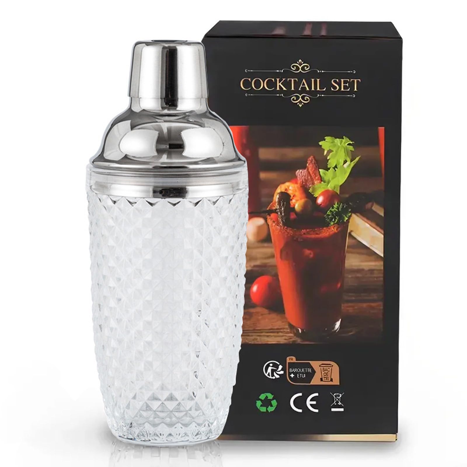 UXIYI Glass Cocktail Shaker Kit,350Ml Mixer Professional Thickened Drinking Shaker Cocktail,Leakproof Metallic Steel Lid&Strainer,Silver