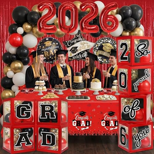 Image of Black and Red Graduation Decorations Class of 2026 - Graduation Balloon Boxes, Balloon Arch Garland Kit, Fringe Curtains, Party Decorations 2026 for Any Grades