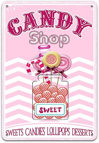 Candy Shop Sweets Candies Loollipops Postres - Letrero de metal rosa vintage para decoración de pared, pintura artística retro para tienda de