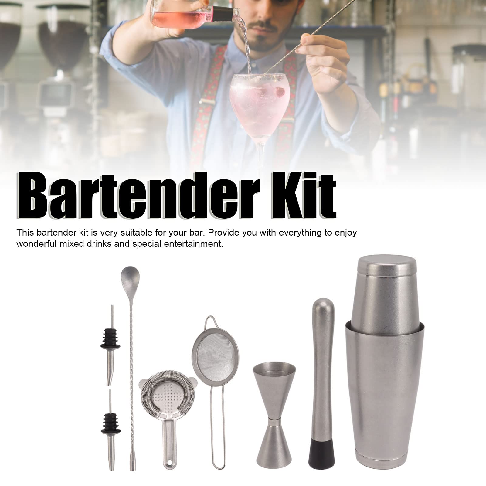 FLEXMAN Juego de Coctelera, Kit de Barman de Preservación de Temperatura de Acero Inoxidable, Juego de Barra, Juego de Mezclador de Bebidas, Coctelera para Bar (C)