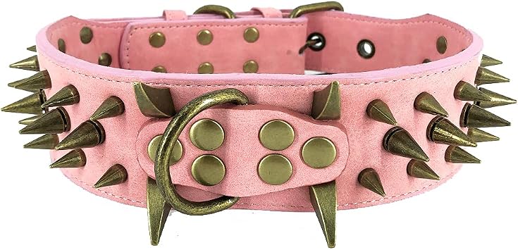 Spiked Studded Dog Collar for Large Dogs, 2 Inch Wide Bold PU Leather with Heavy Metal Hardware, Statement Piece for Pitbull Mastiff Rottweiler Doberman, Adjustable Pink