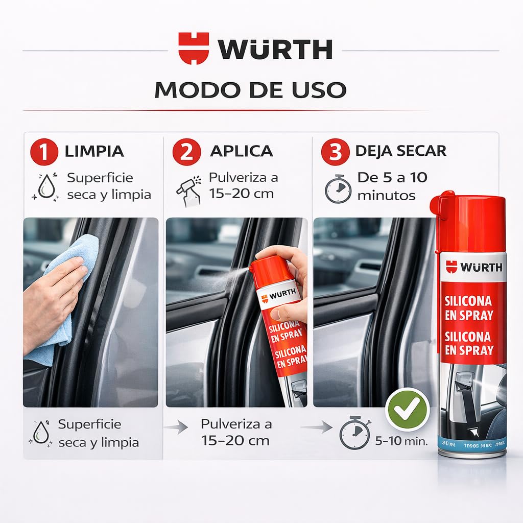 Würth Spray silicone 500 ml Protège, nourrit et isole durablement avec un bon effet de glissement, les pièces en plastique, en caoutchouc et en métal à l'intérieur et à l'extérieur du véhicule.
