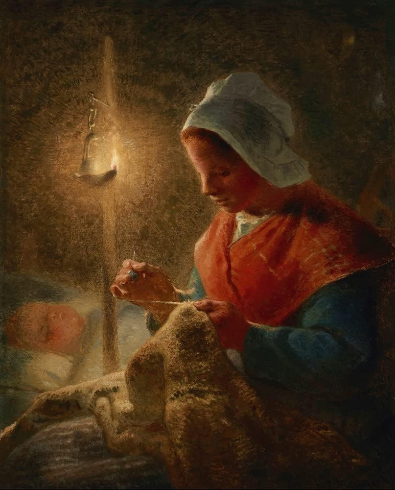 ArtDirect Jean-François Millet 20x24 Black Modern Frame and Double Matted Museum Art Print Titled - Woman Sewing by Lamplight (circa 1870-1872)