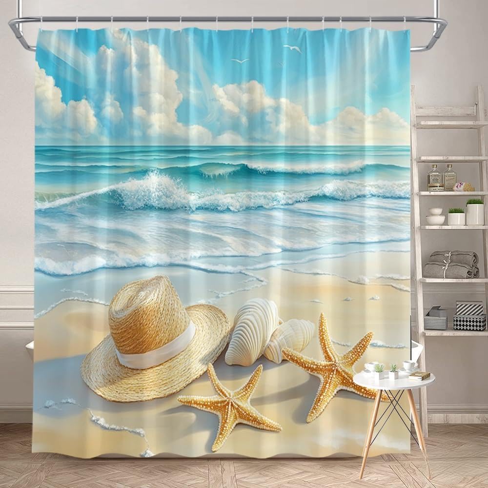 Glwdmb Y-13 1 Piece 150X180cm Beach Theme Straw Hat, Seashells, Starfish And Ocean Waves Printed Shower Curtain With Hook, Polyester, For Windows And Walls, Bathtub, Bathroom, All Season Universal