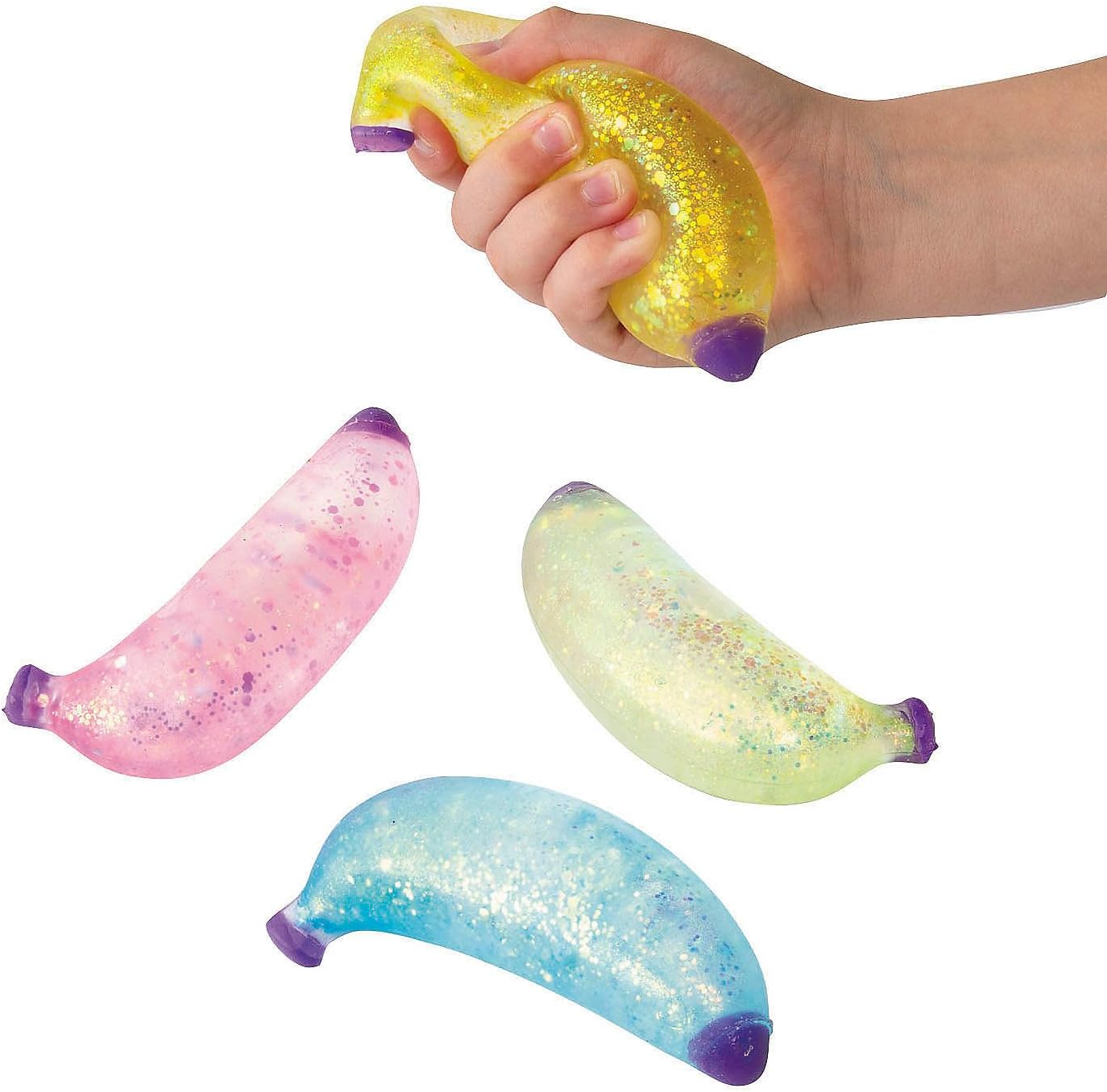 Fun Express 5" x 1 1/2" Colorful Glitter Maltose Banana Stress Toys - 12 Pieces