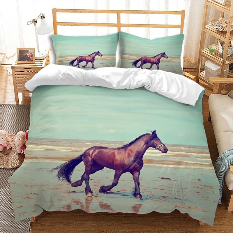 Housse de couette 220x240 cheval facile à enfiler avec son zip, parure de lit douce pour 2 personnes