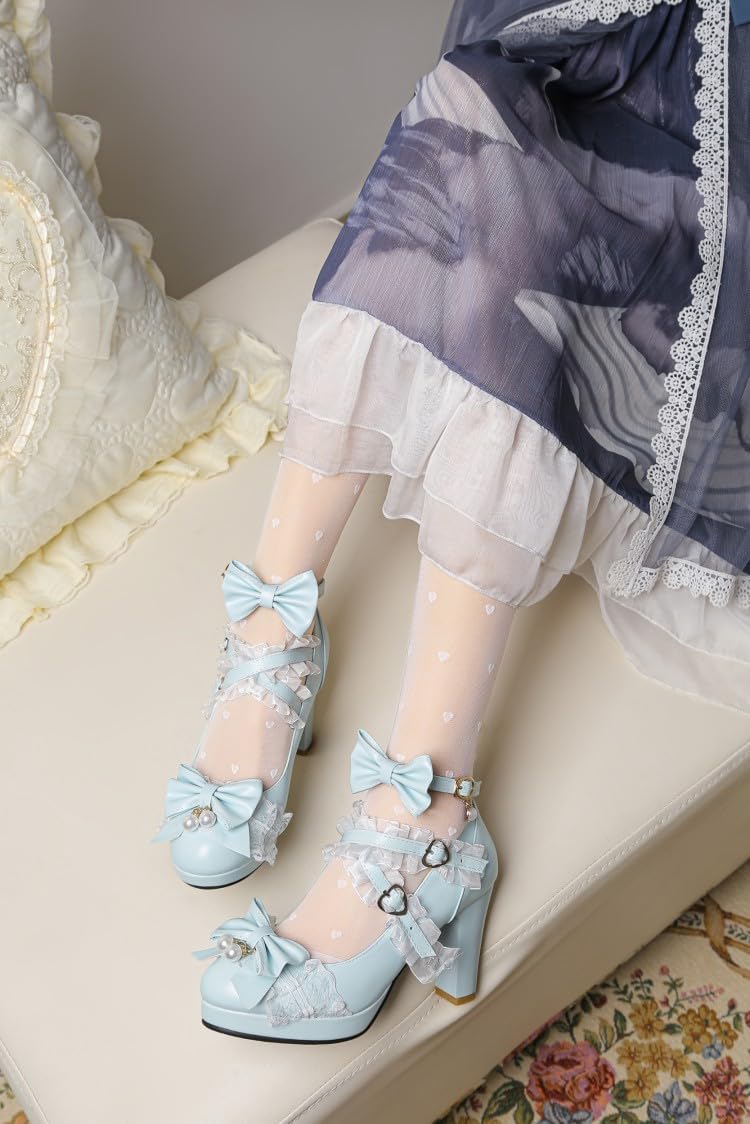 Women's Kawaii Lolita Platform Mary Jane Heels Bow Pearl Lace Ankle Strap Chunky Goth Coquette Dress Shoes