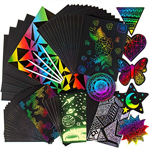 Made By Me Horizon Group USA Scratch Art 60 Pieces Variety Pack. Glow in The Dark, Holographic, Rainbow & Die Cut Sheets. 4 Scratching Tools Included.Black Scratch it Off Art & Crafts Sheets
