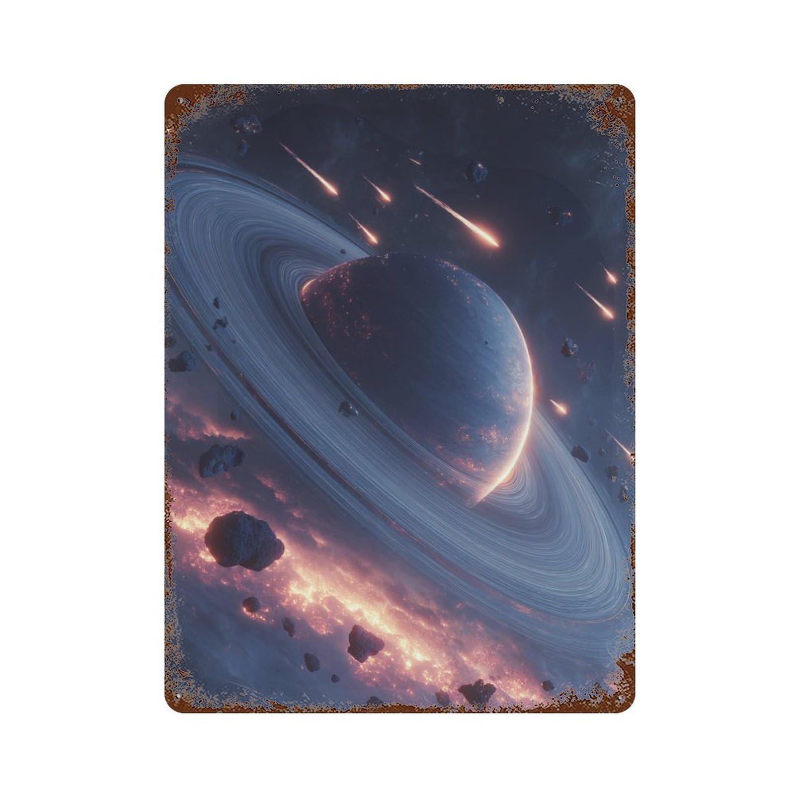 Space Planet Ring Meteors Rusty Metal Tin Sign 15.7"x11.8", Vintage Wall Decor for Garage, Pub Or Kitchen