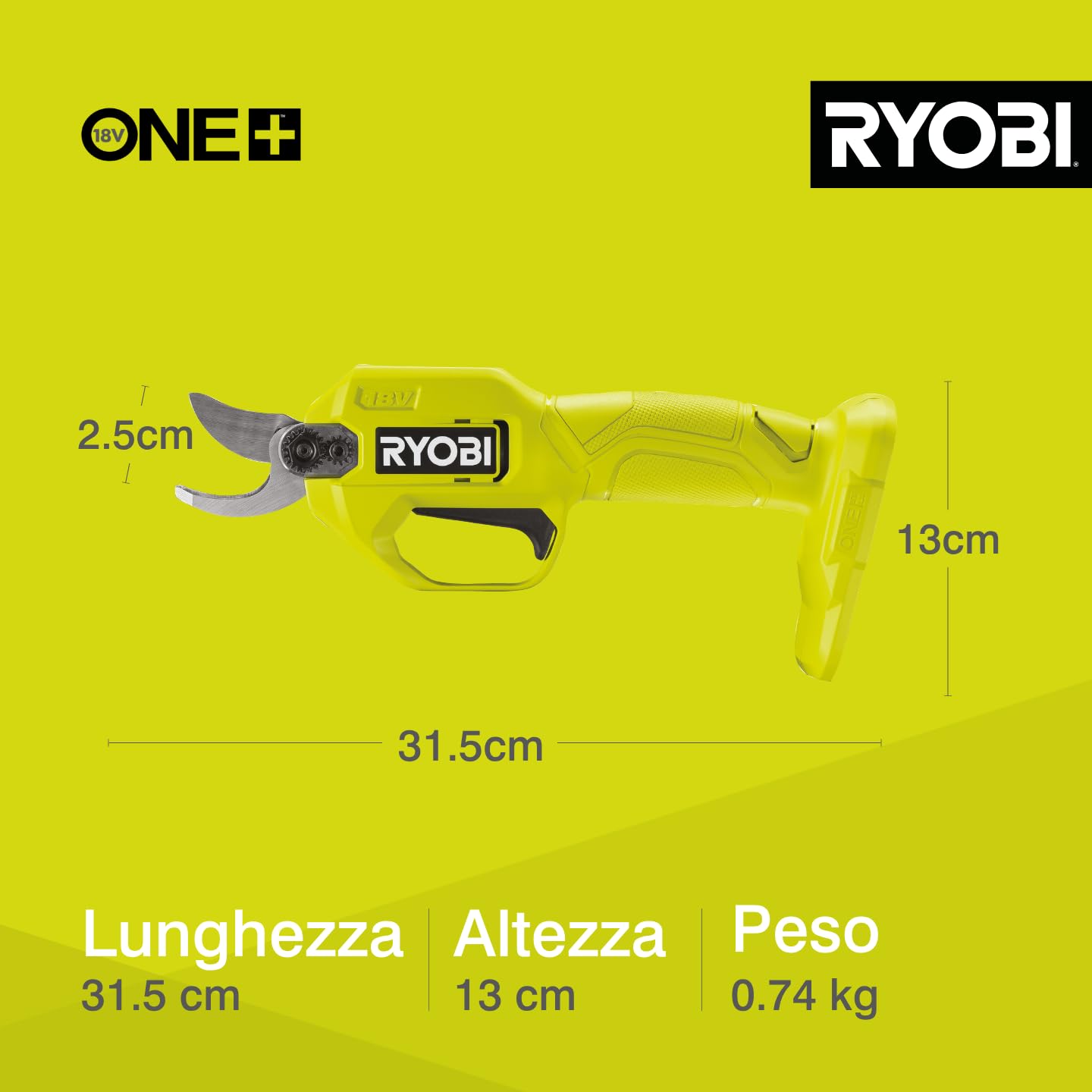 Ryobi R18SCA‑0 Cesoie Potatrici a Batteria 18V ONE+, Lama Bypass 25 mm, Coppia 145 Nm, Solo Corpo Macchina