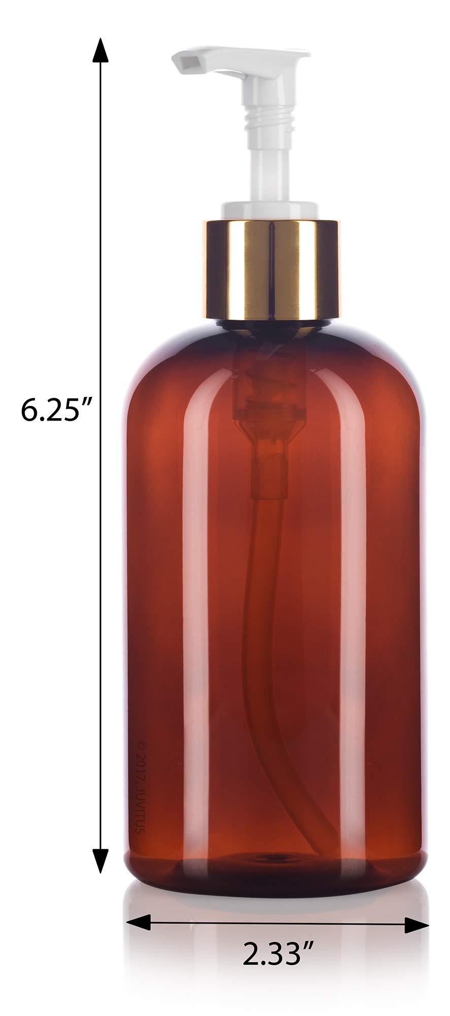 JUVITUS 8 oz Amber Boston Round PET Plastic Bottles (BPA Free) with (12 pack) (Gold Lotion Pump)