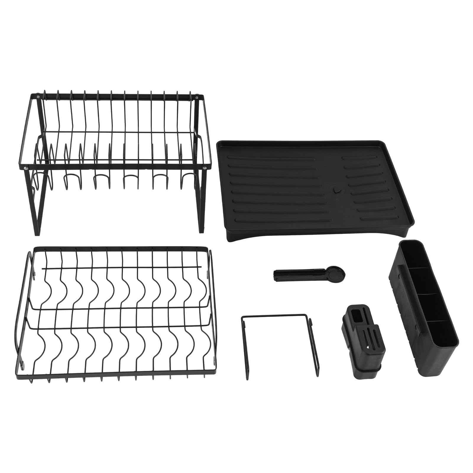 Escurreplatos de acero inoxidable, escurridor de platos, bandeja de goteo de 2 niveles, escurridor de platos para platos, tazas, tabla de cortar (negro)