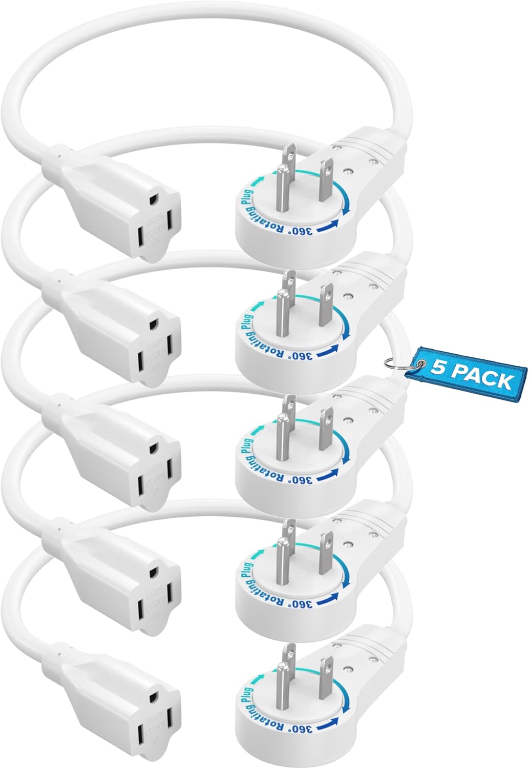Maximm Extension Cord 0.5 Foot White Flat Plug, 360° Rotating Short Power Cord Single Outlet, Indoor 16 Gauge 3 Prong Grounded Wire UL Certified (6-inch, White)