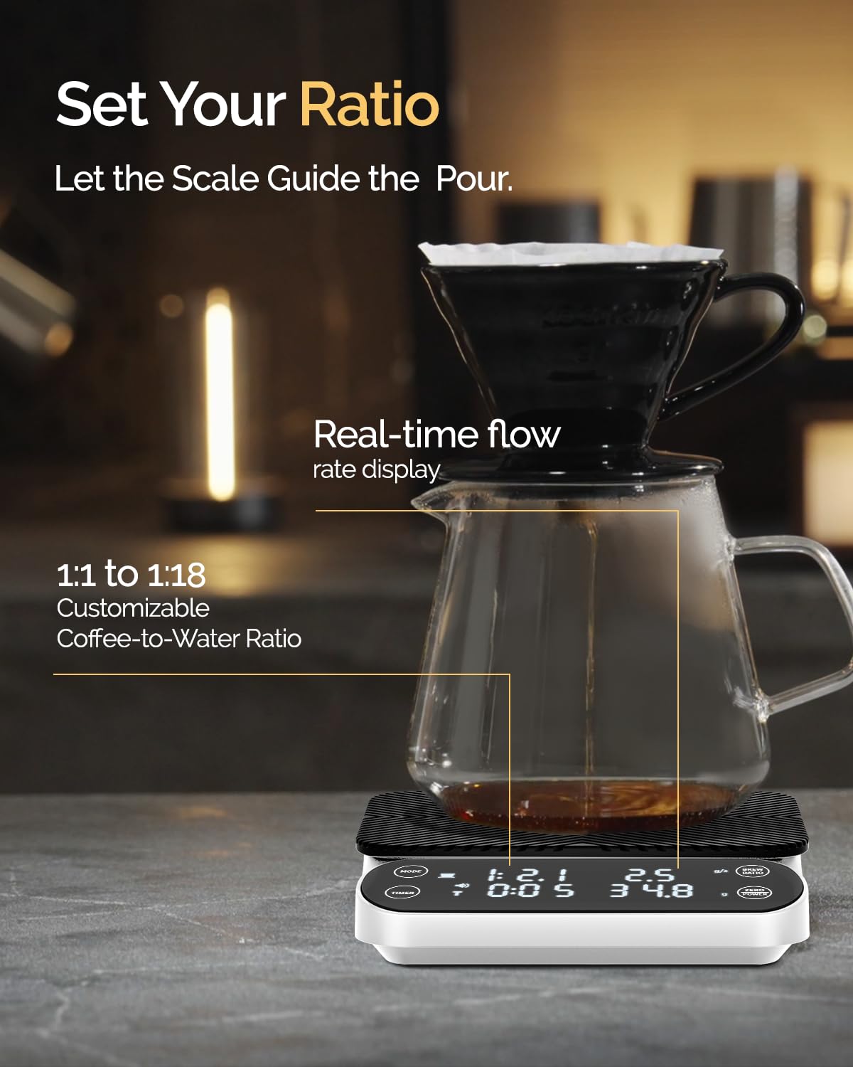 Maestri House S3 Balance à café avec minuteur, 3 kg/0,1 g, balance numérique rechargeable, 3 modes d'infusion, rapports réglables et affichage du débit, qualité barista pour verser, expresso