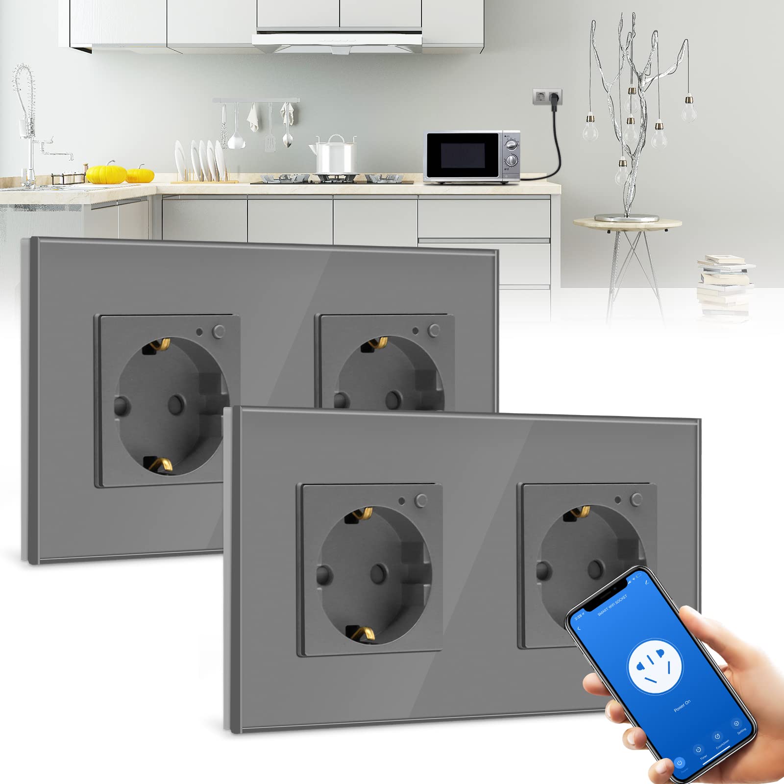 BSEED BSEED Enchufe Doble de Pared WiFi,Schuko Enchufe inteligente Compatible con Alexa y Google Home,Control de APP y Función de Temporizador,protección de contacto,16A Gris-2 Paquete