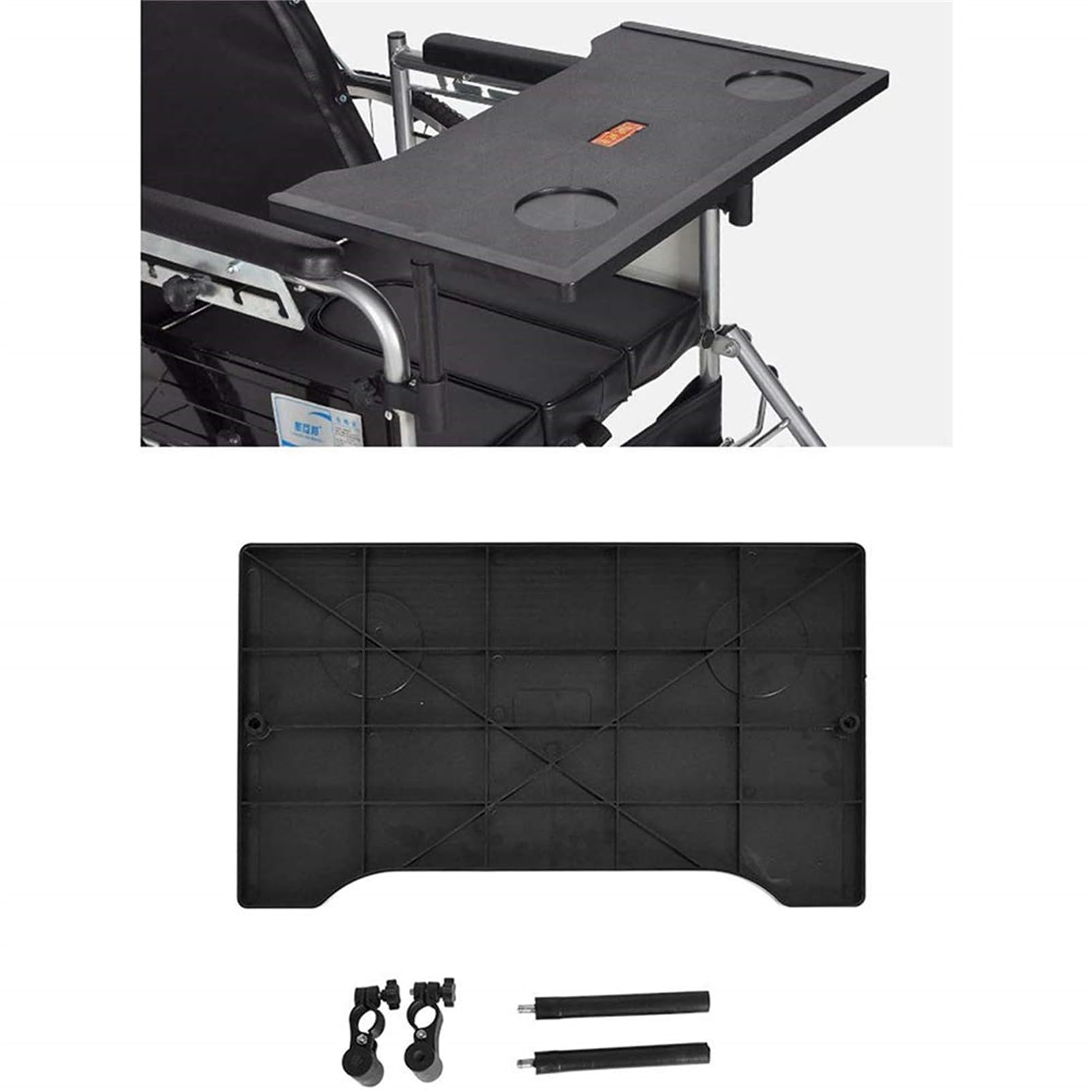ArinkO Tavolino Universale per Sedia a rotelle Comoda Superficie per Mangiare e Scrivere con portabicchieri (Nero, 52 cm x 30 cm)