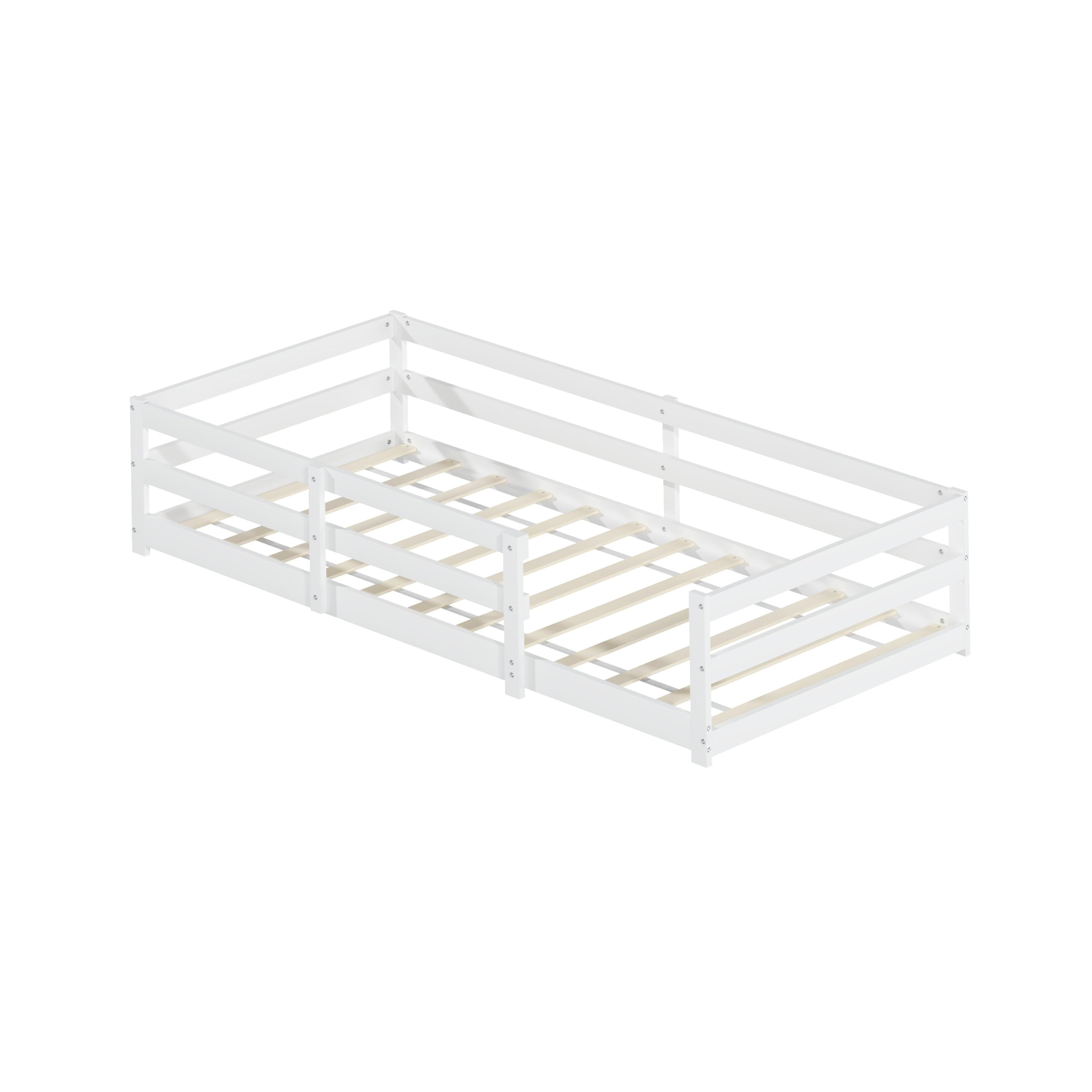 Bodenbett 90x200 cm Kinderbett aus Massivholz mit Rausfallschutz & Lattenrost, Montessori Bett aus Kiefer, Bodenbett Kinder mit offenem Einstieg, Einzelbett in Weiß