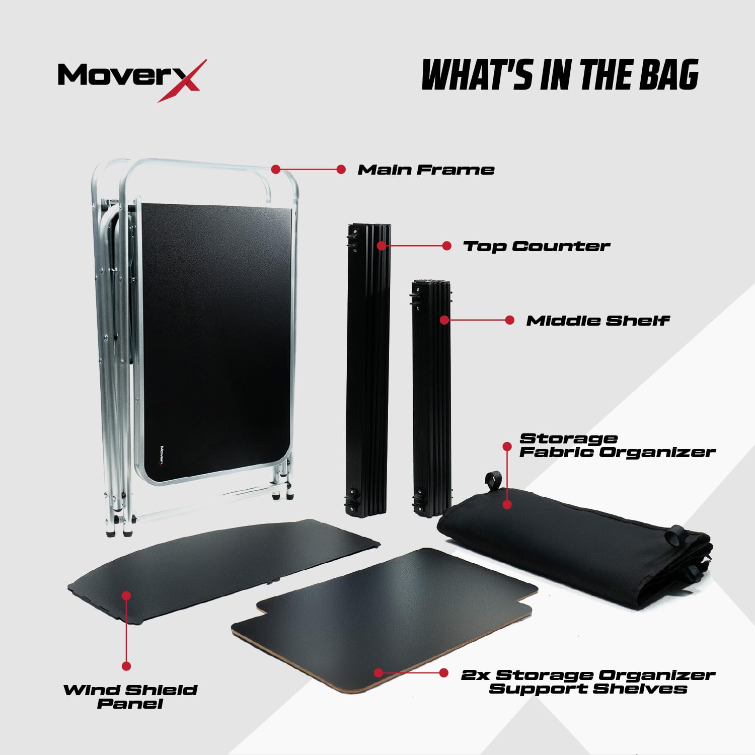 MoverX Cocina plegable portátil de camping con parabrisas, unidad de camping plegable emergente, gabinete al aire libre, marco de aluminio de 5 estantes, portátil para jardín, fiesta, picnic, soporta