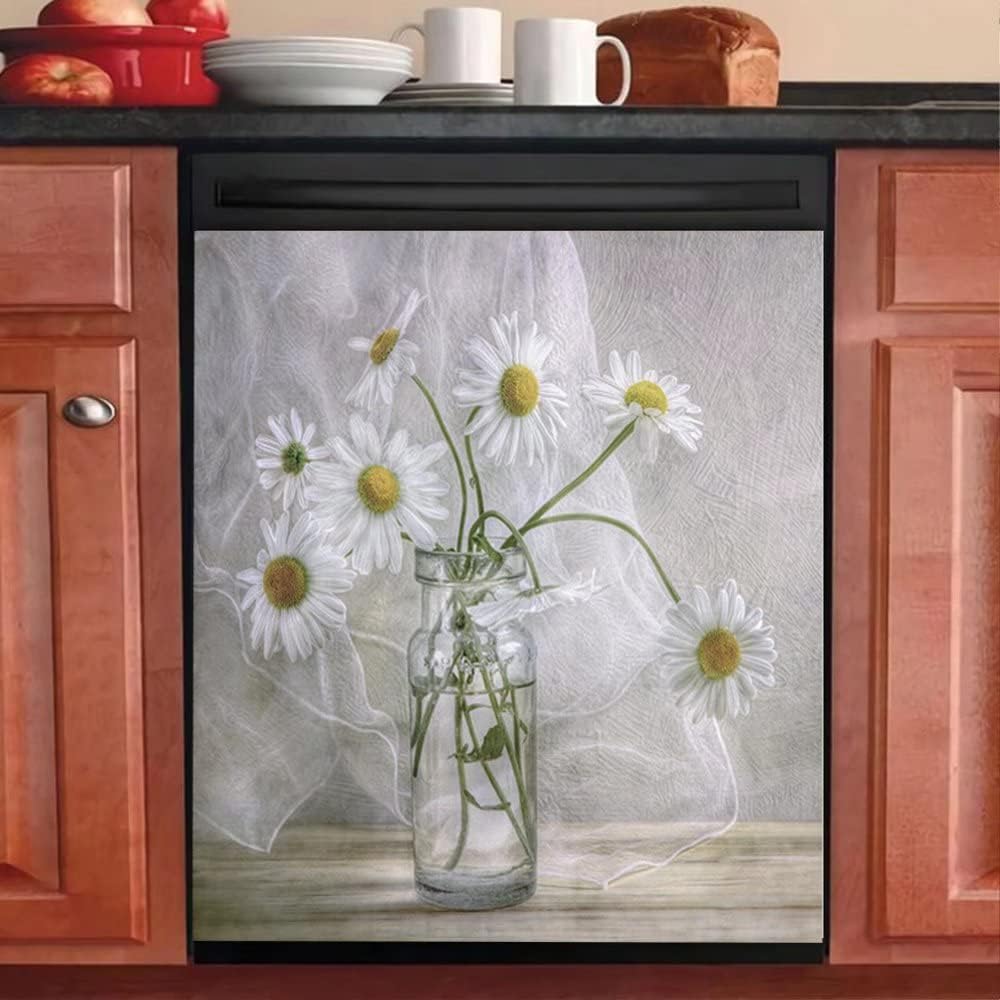 Magnet Dishwasher Cover Daisy Sticker for Refrigerator,Fresh Look Flower Fridge Magnet Kitchen Decorative,Vase Floral Dishwasher Magnetic Vinyl Panel,Home Appliance Front Door Sticker 23"x17"