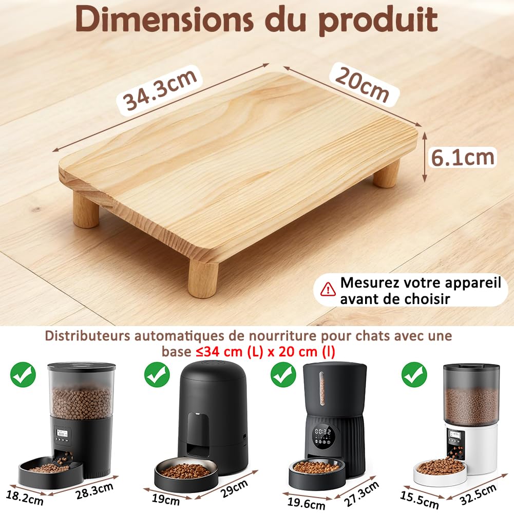 SZEE Support Surélevé en Bois Massif pour Distributeur Croquettes Chat Automatique, Ergonomique Réduisant la Pression sur la Colonne Vertébrale, Support pour Gamelle Chat Automatique, 34,3×20×6,1 CM