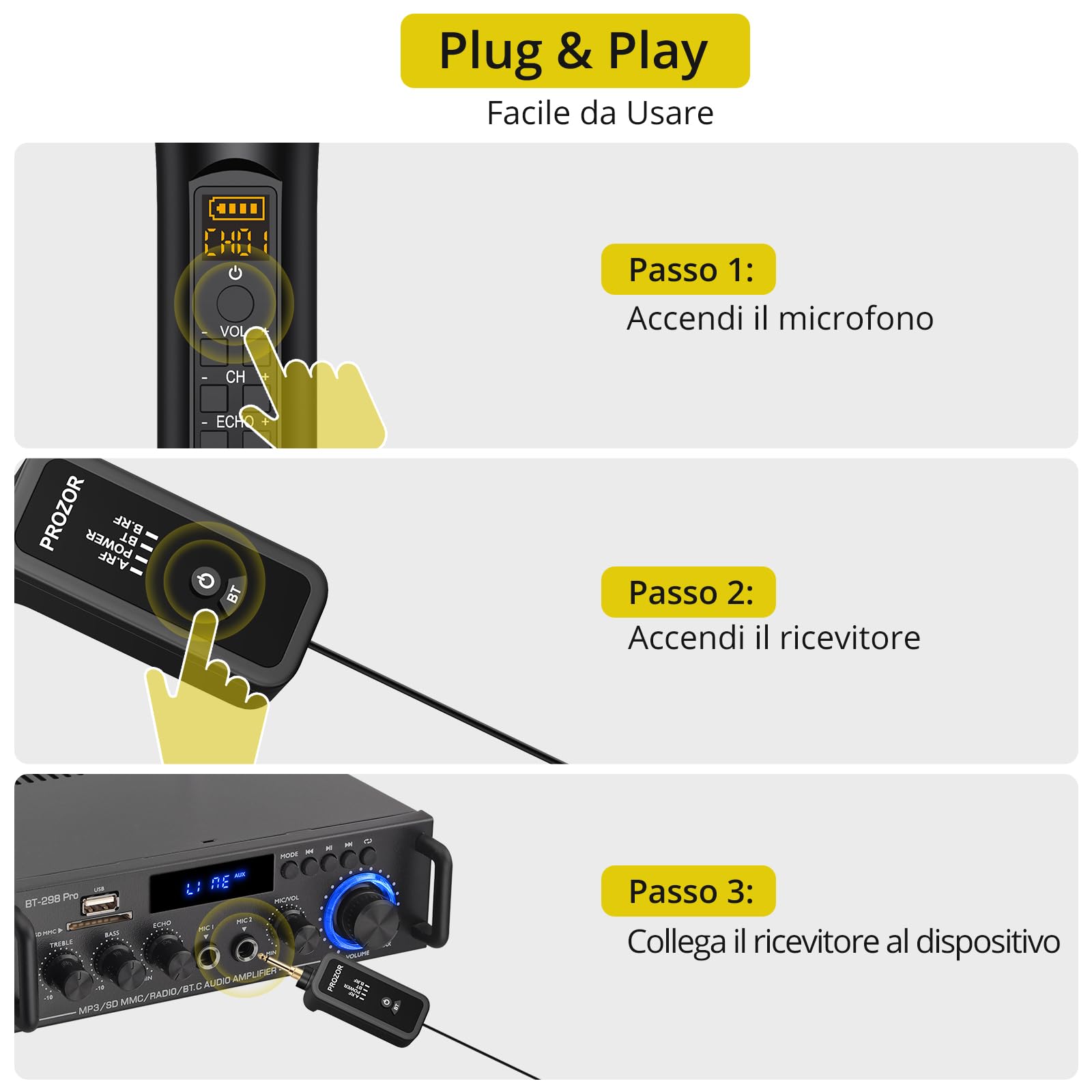 PROZOR Microfono Wireless UHF con Volume Controllo Microfono Ricaricabile Senza Fili Sistema Microfonico Dinamico Portatile Doppio con Ricevitore Ricaricabile per Karaoke DJ Chiesa Matrimoni