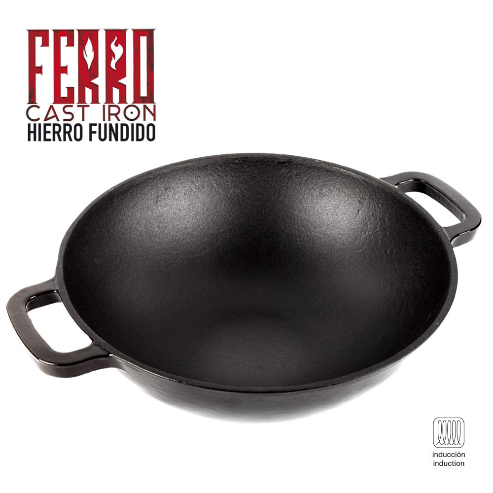MGF Ferro - Wok Czarny 30 cm, Żeliwo, Optymalne Zatrzymywanie i Rozprowadzanie Ciepła, Do Wszystkich Rodzajów Kuchenek, Indukcja, Wolny od PFOA i PTFE