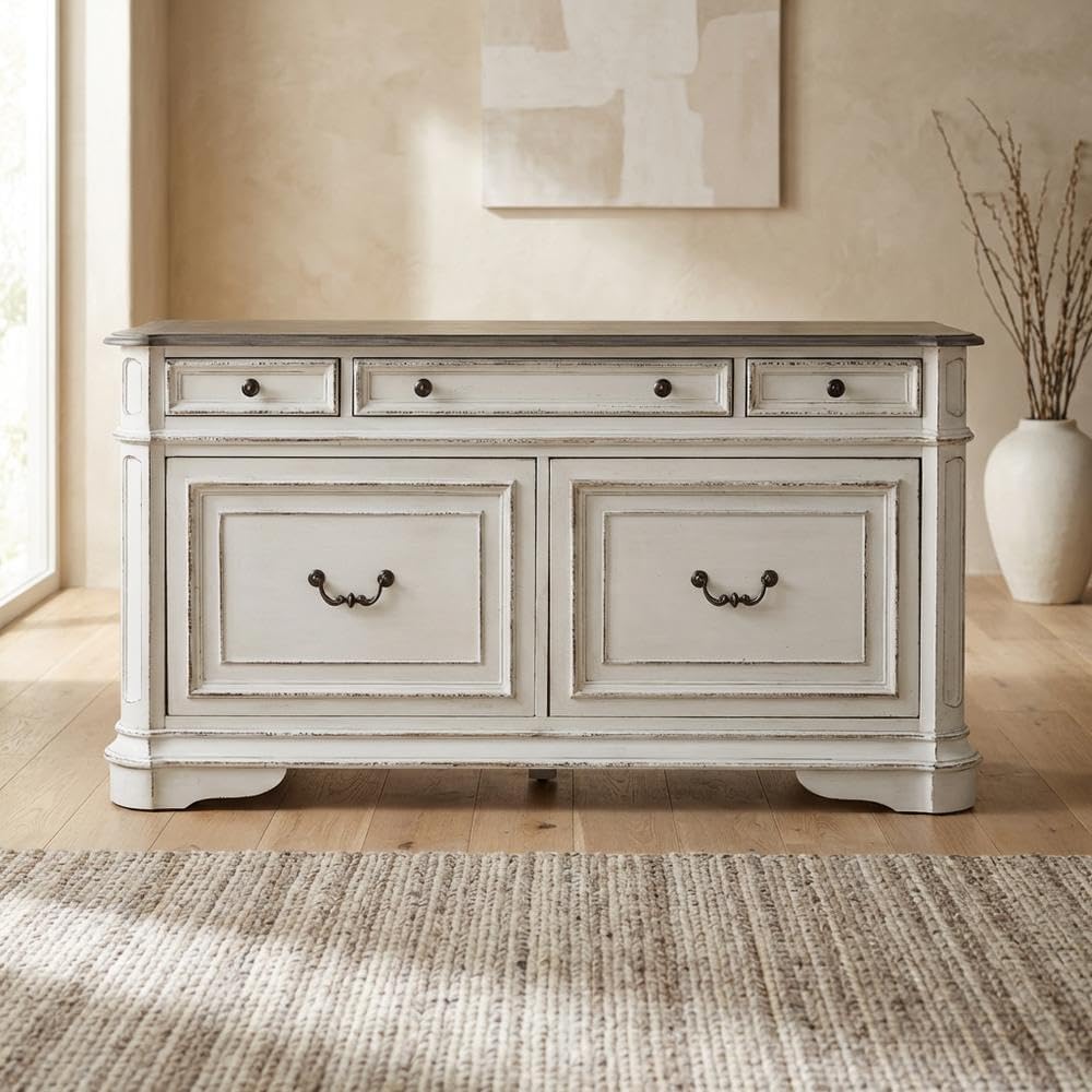 Antique White Credenza, European Traditional Style, Rubberwood Solids, White Oak and Birch Veneers, Ample Storage, Durable Construction