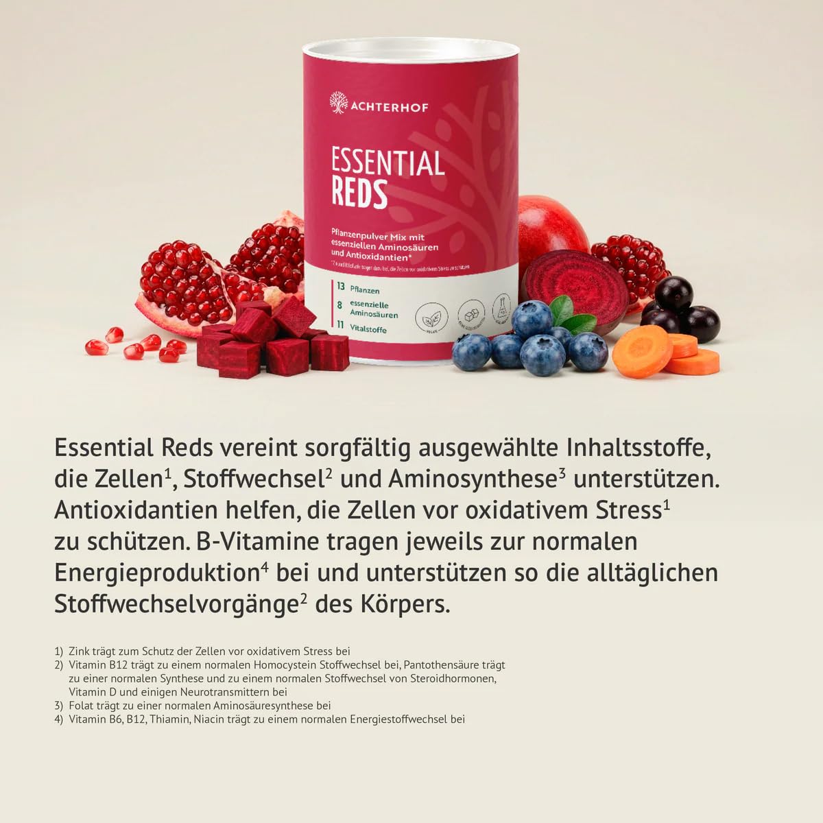 Essential Reds Pulver 360g | Superfood aus roten Beeren und Gemüse | rote Beeren, Antioxidantien, essentielle Aminosäuren und Vitalstoffe | für 60 Tage | Achterhof