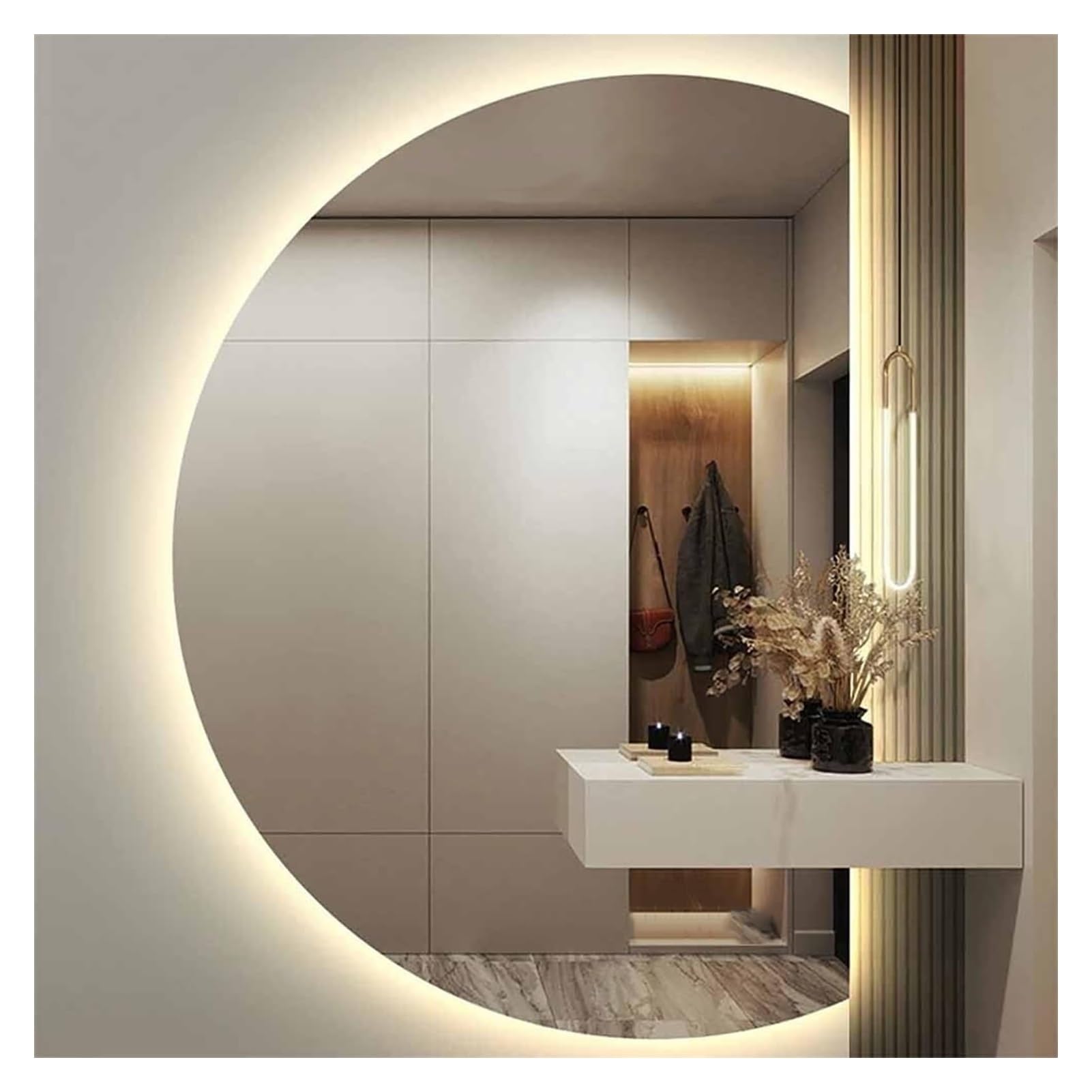 BKSXSOP 20"-40" Large Wall-mounted Bathroom Half Moon Anti-fog Makeup Mirror HD LED Lighting 3 Colors Smart Backlit Decorative (Cut right, 80CM/31.5IN)