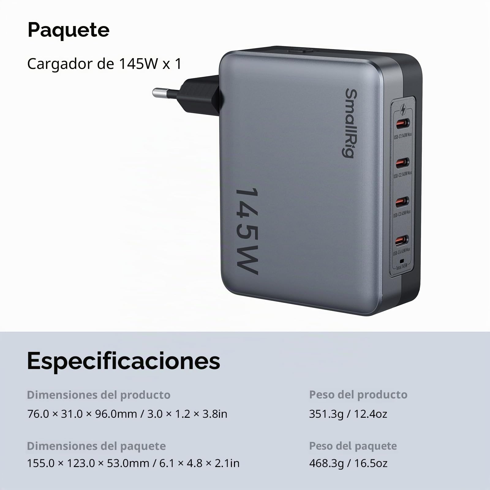 SMALLRIG Cargador USB-C de 145 W, Cargador Rápido Plegable GAN PD3.1 de 4 Puertos para MacBook Pro/Air, Adaptador de Corriente de Pared PPS para iPad, Batería con Montura en V - 4748