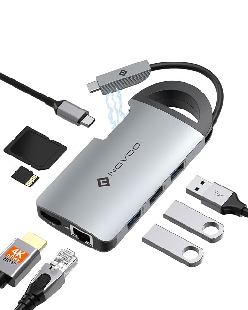 NOVOO USB C Hub 8-portowy aluminiowy magnes USB C Adapter z HDMI 4K, 3 USB 3.0, Gigabit Ethernet 1000 Mb / s, zasilanie typu C, porty SD/TF do laptopa MacBook Pro Samsung Galaxy S8 Huawei Typ-C