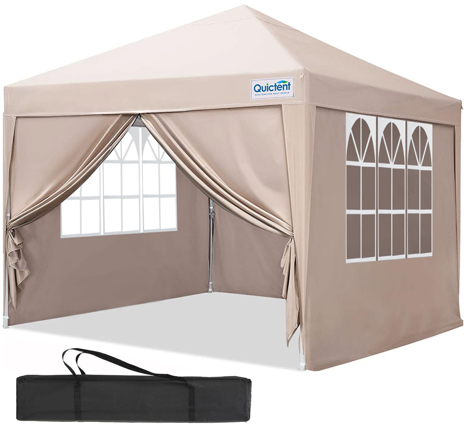 Quictent Pavillon 3x3m Faltpavillon mit 4 Seitenteilen, Wasserdicht Gartenpavillon mit 4 Sandsäcken & Rolltasche,Partyzelt Gartenzelt für Fest und Flohmarkt, Beige