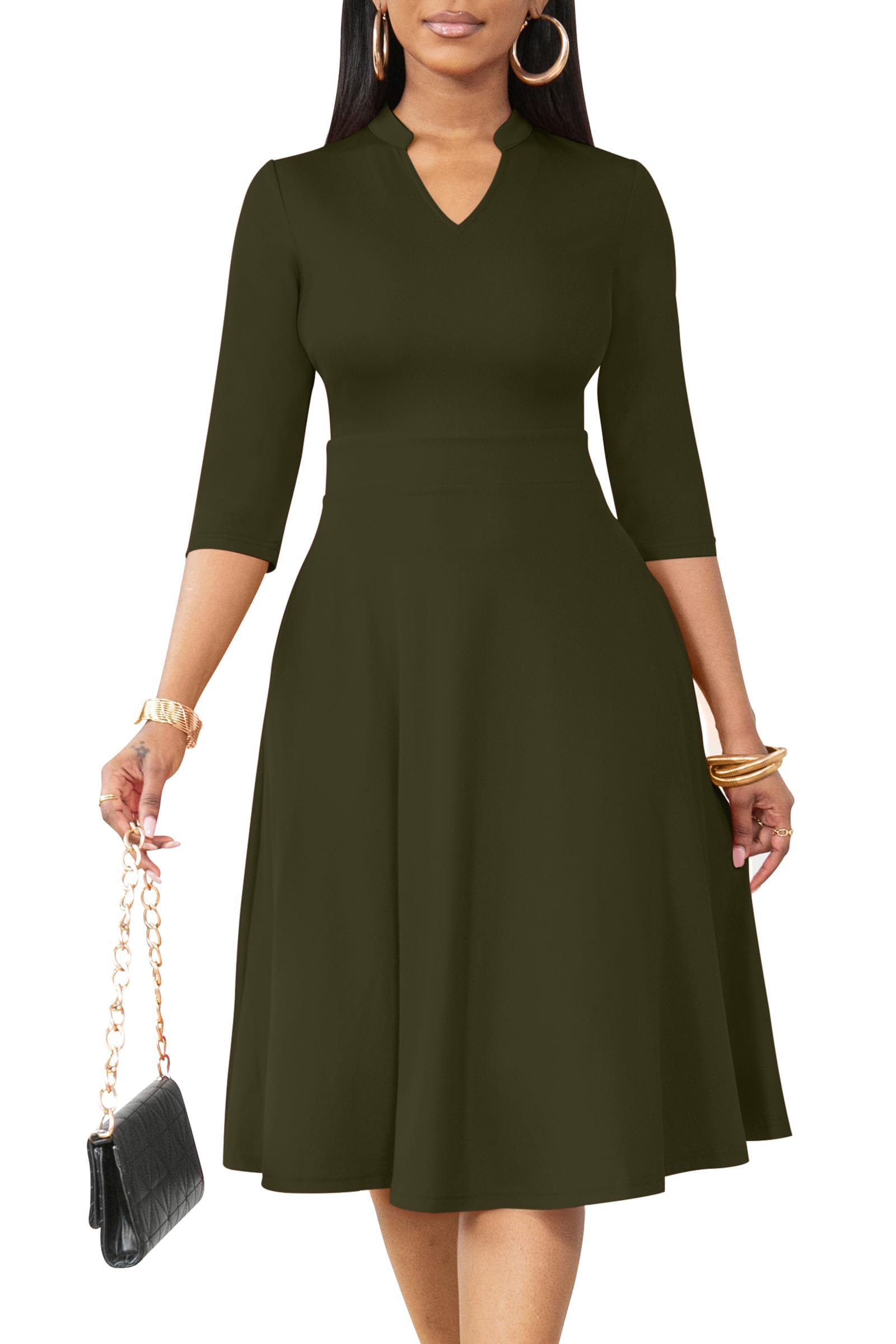 Nmoder Casual Dresses for Women Semi Formal Fit and Flare 3/4 Sleeve A-line Church Work Dress with Pockets