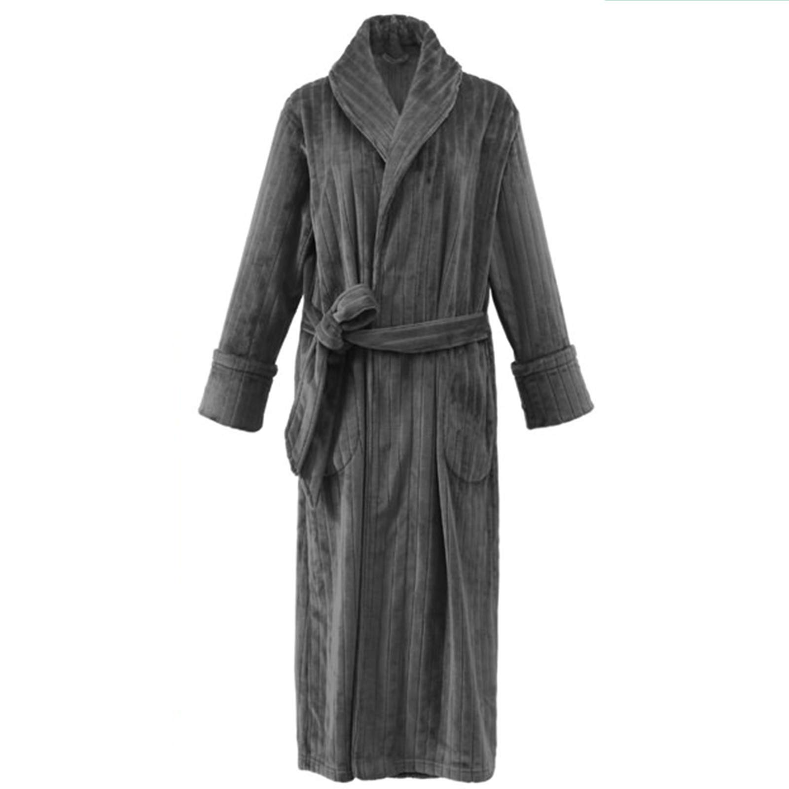 Winter Men Women Bath Robe Lengthen Large Size Gray Coral Fleece Robe with V-Neck Pocket Belt Dressing Gown